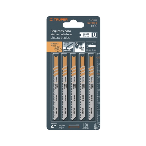 [SU-101-D] Segueta caladora,cortes rectos madera,zanco u,6dpp,5 pzas