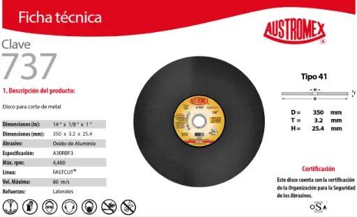 [AUS737] DISCO PARA CORTE DE METAL (HUECOS) ALTO RENDIMIENTO 14"X7/64"X1"          737  AUSTROMEX
