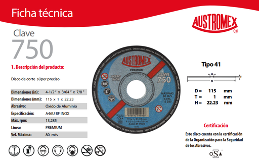 DISCO PARA CORTE DE ACERO INOXIDABLE SUPER DELGADO (PREMIUM) 4.1/2"X1Mmx7/8"  750  AUSTROMEX