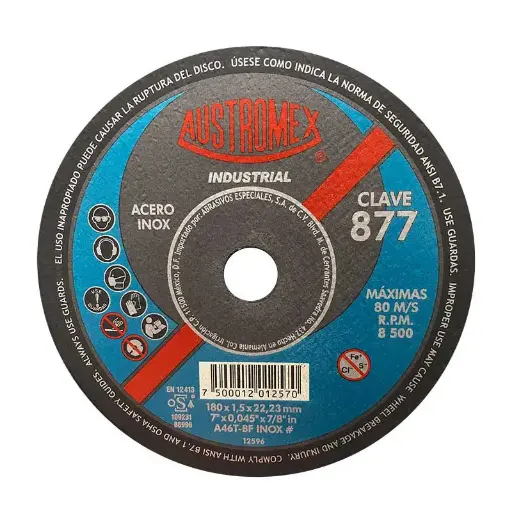 [AUS877] DISCO PARA CORTE DE ACERO INOX. SUPER DELGADO (INDUSTRIAL) 7"X1.5Mmx7/8" AUSTROMEX                                  877  AUSTROMEX 