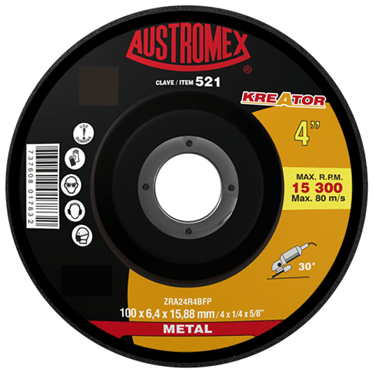 DISCO ABRASIVO PARA DESBASTE DE ACERO, FUNDICIÓN Y SOLDADURA         100 x 6.4 x 15.88 mm  521  AUSTROMEX 