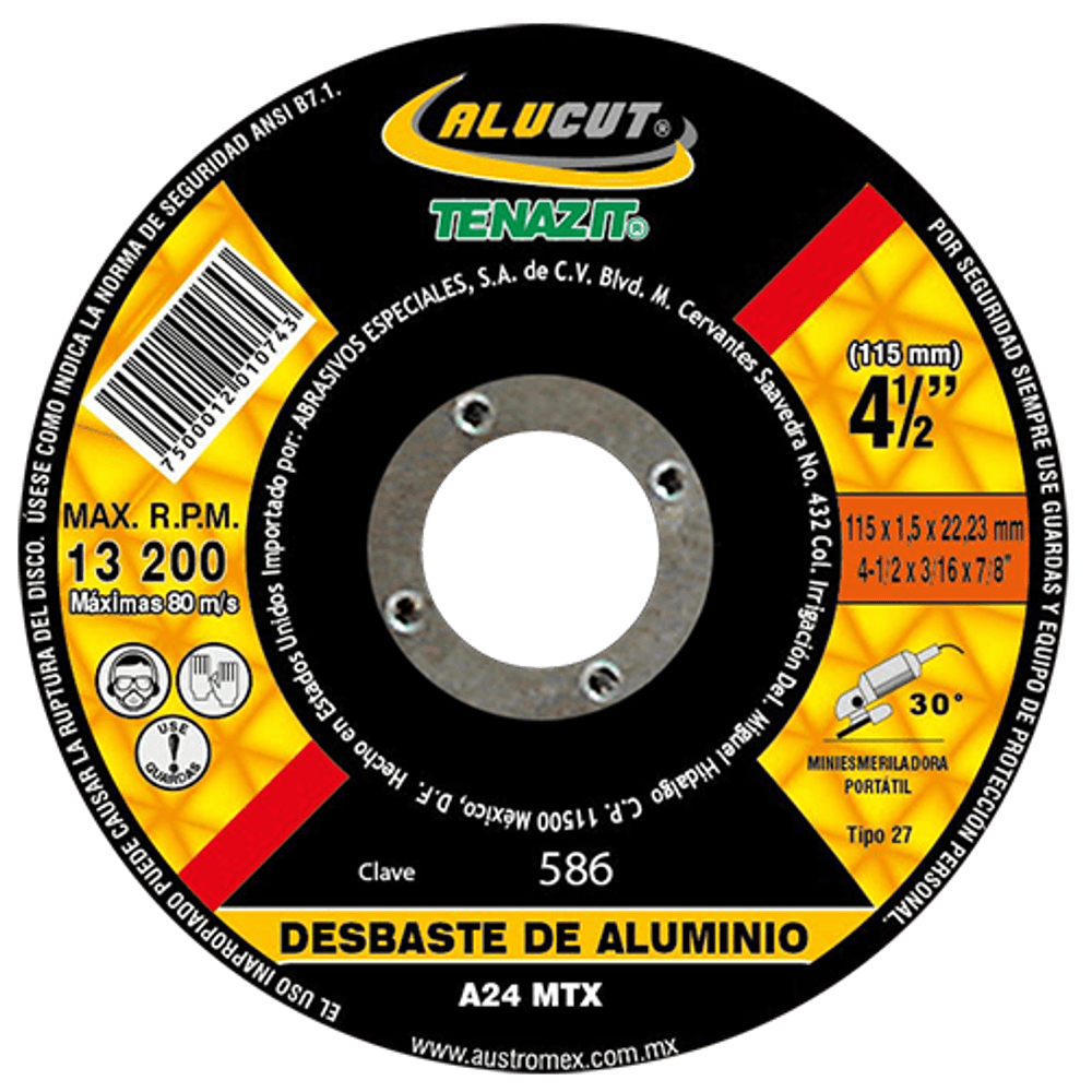 DISCO ABRASIVO PARA DESBASTE DE ALUMINIO Y METALES NO FERROSOS      115 x 5 x 22.23 mm  586  AUSTROMEX 