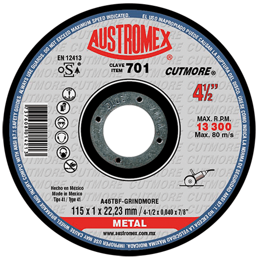 DISCO PARA CORTE DE METAL SUPER DELGADO 4.1/2" X1Mmx7/8"                              701  AUSTROMEX