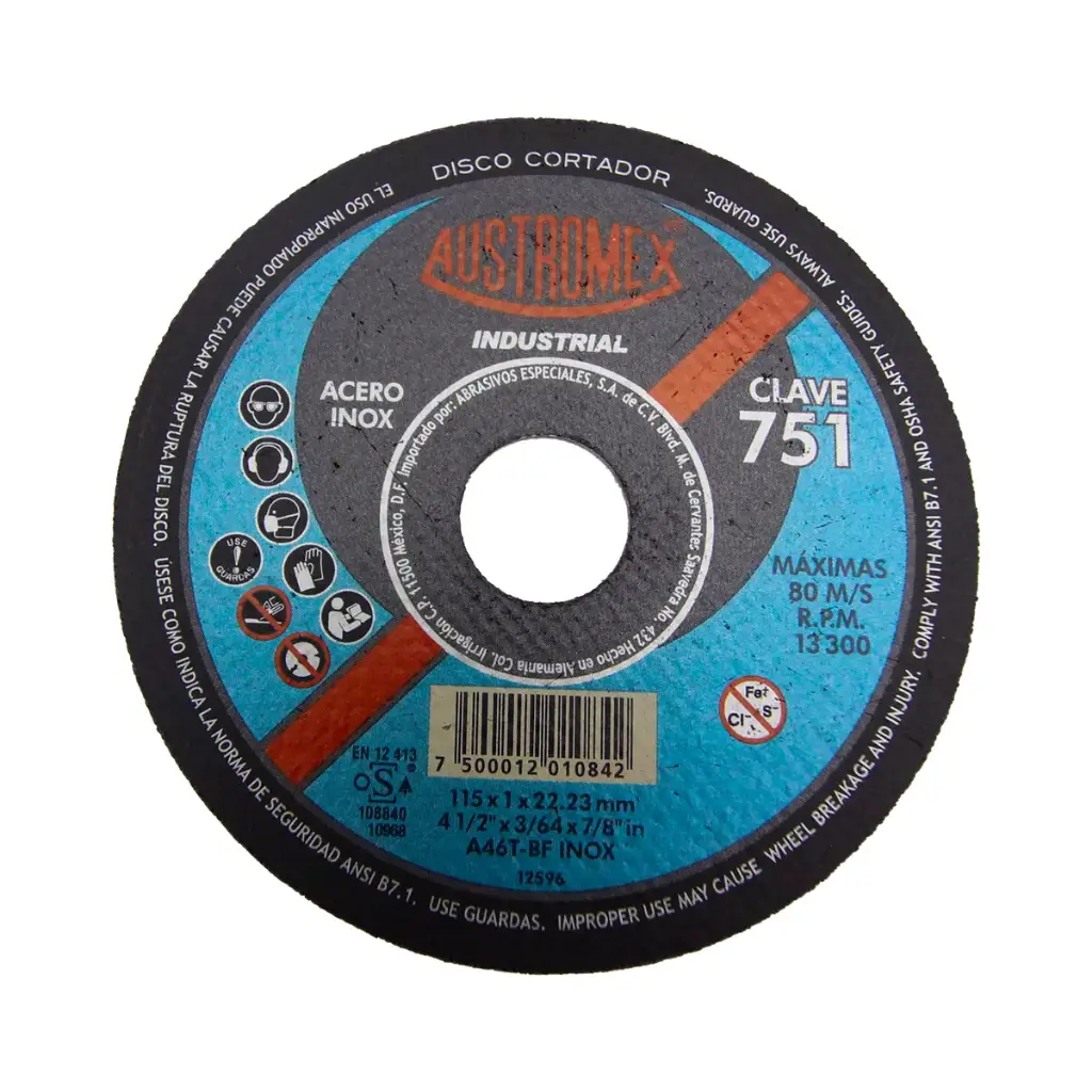 DISCO DE CORTE ACERO INOX. SUPER DELGADO (INDUSTRIAL) 4.1/2"X3/64"X7/8"  751  AUSTROMEX 
