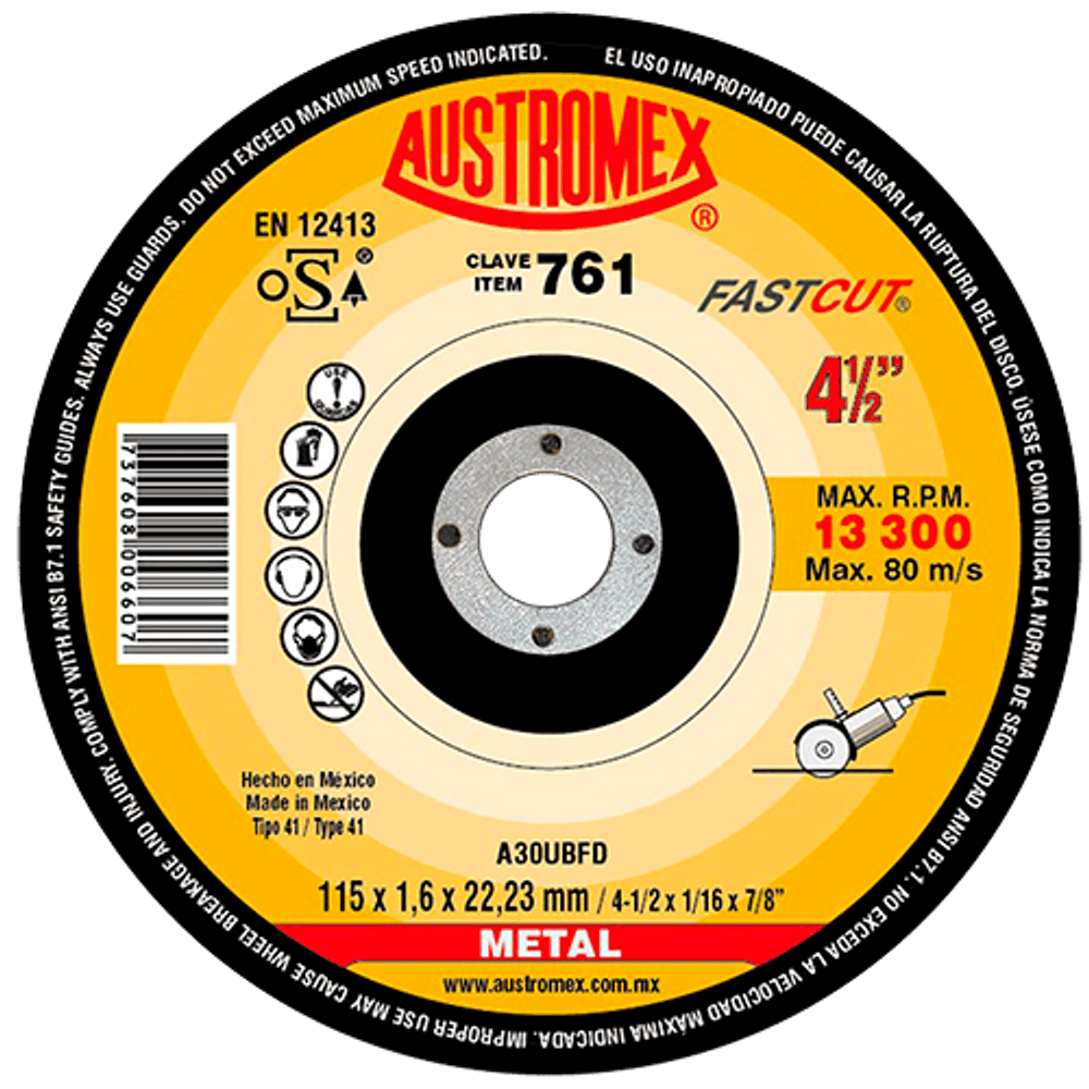 DISCO PARA CORTE DE METAL LARGA DURACION (FASTCUT) 4.1/2"X1/16"X7/8"   761  AUSTROMEX 
