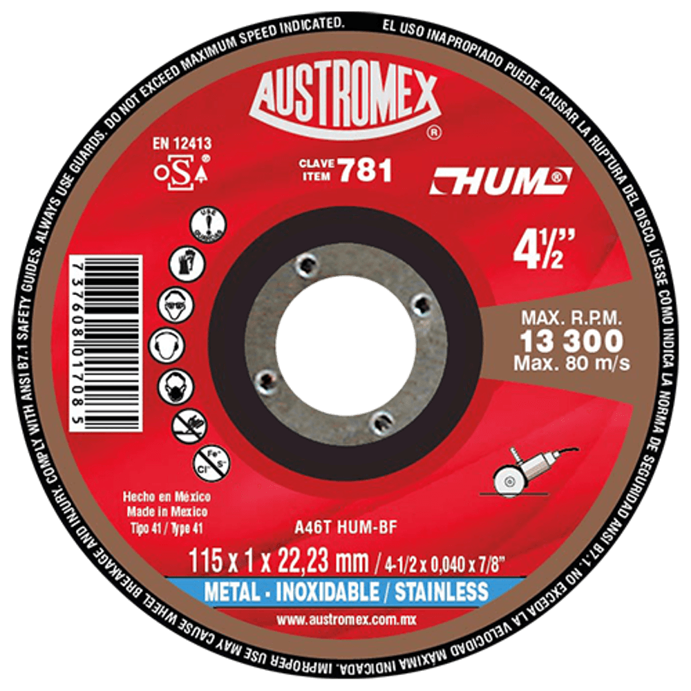 DISCO PARA CORTE DE METAL (HUM) 4.1/2"X3/64"X7/8"  781  AUSTROMEX 