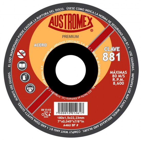 DISCO PARA CORTE DE METAL (PREMIUM) T-27 7"X0.45"X7/8"  881  AUSTROMEX 