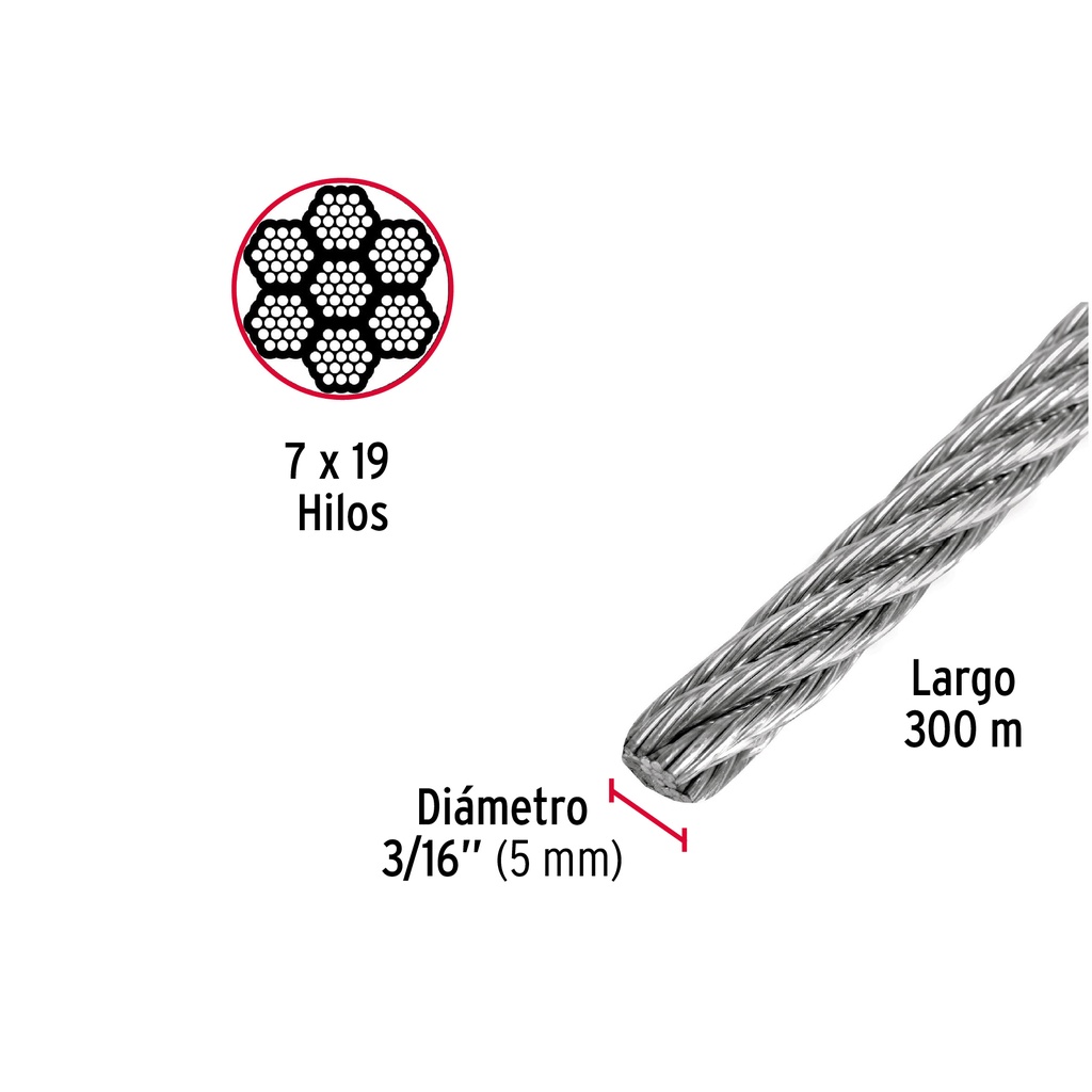 Cable flexible de acero 3/16', 7X19, 75 m                        FIERO 44212