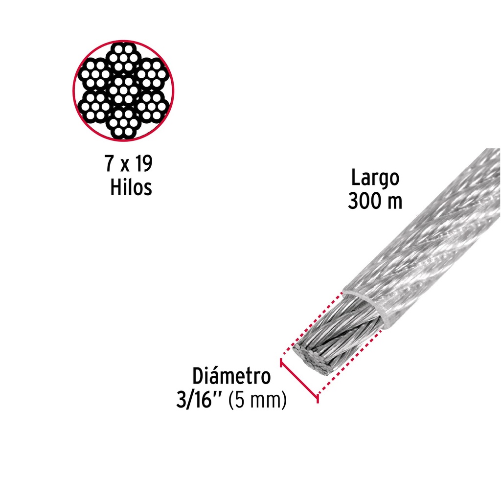 Cable flexible de acero 3/16', recubierto PVC, 7X19, 300 m  FIERO 48811
