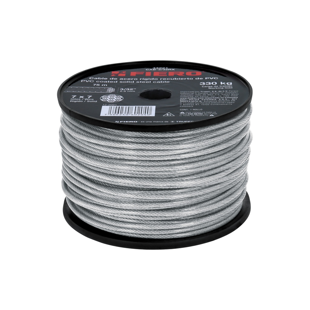 Cable rÌgido de acero 3/32', recubierto PVC, 7X7, 75 m  FIERO 44221