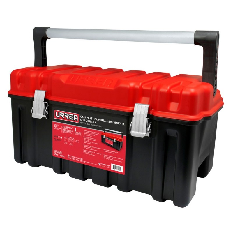 Caja portaherramientas plástica 21" con broches metálicos y charola y tapa roja