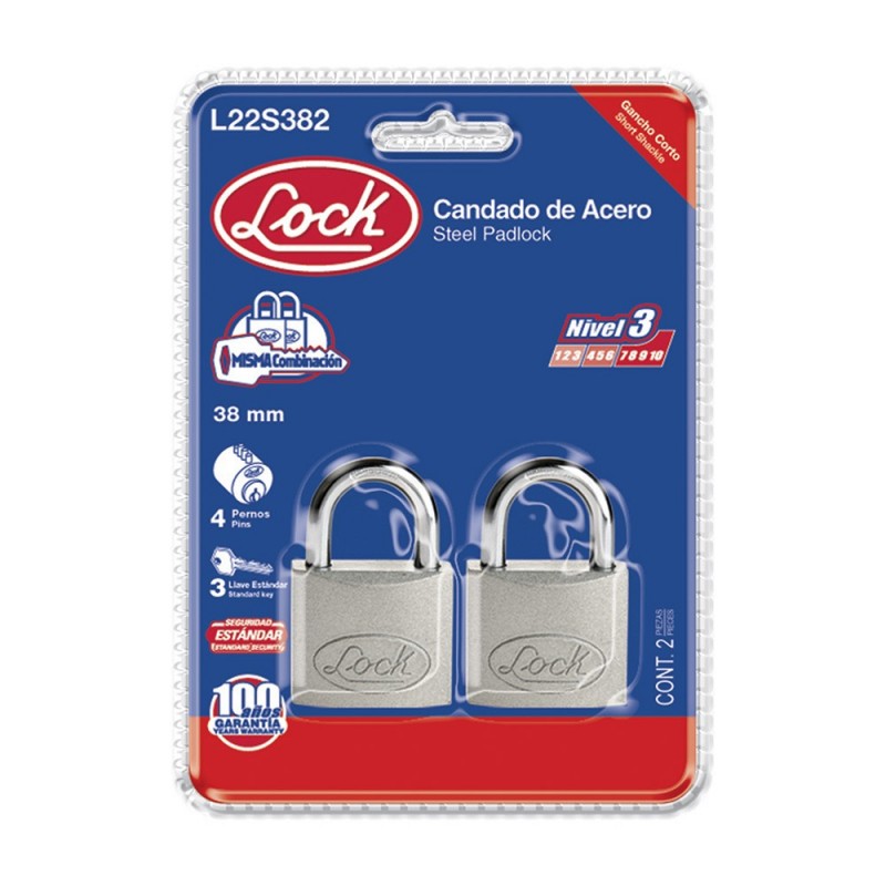 Candado de acero corto llave estándar 2 piezas 38mm cromo satinado                 L22S382  LOCK 