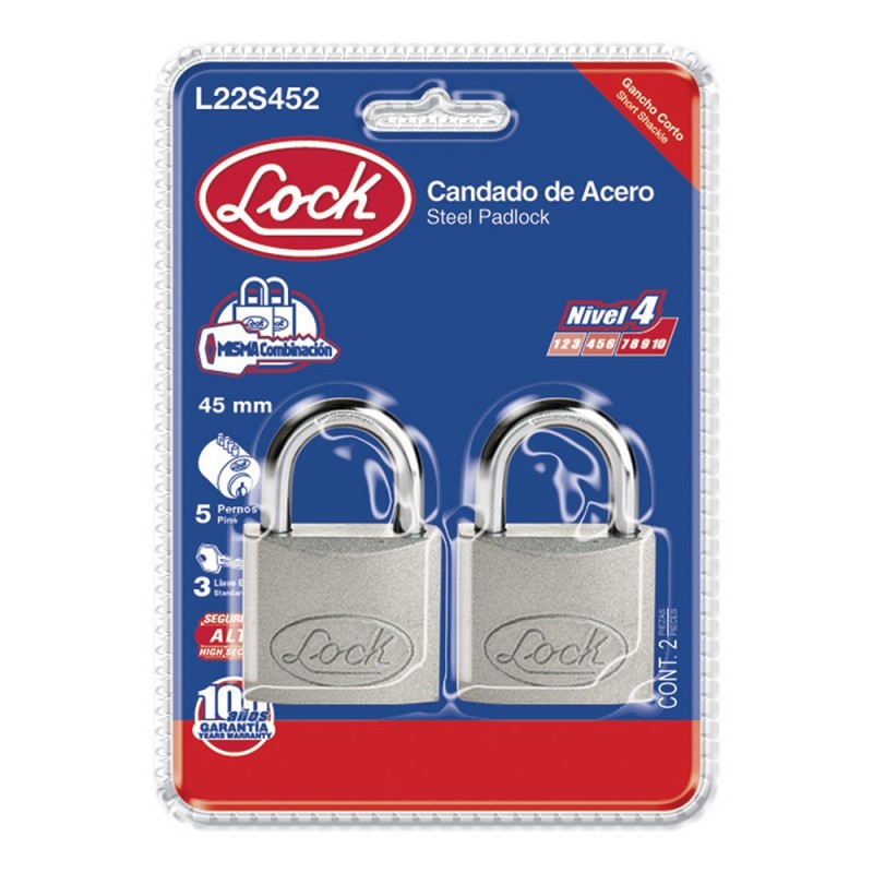 Candado de acero cortollave estándar 2 piezas 45mm cromo satinado               L22S452  LOCK 