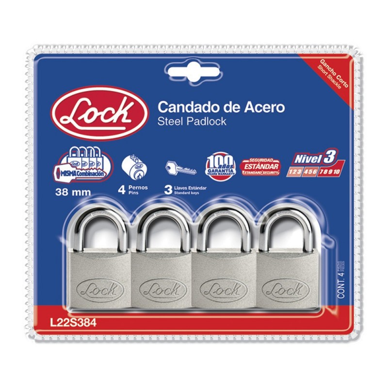 Candado de acero cortollave estándar 4 piezas 38mm cromo satinado                      L22S384  LOCK 