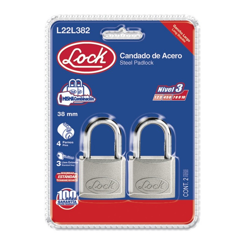 Candado de acero largo llave estándar 2 piezas 38mm cromo satinado               L22L382  LOCK  