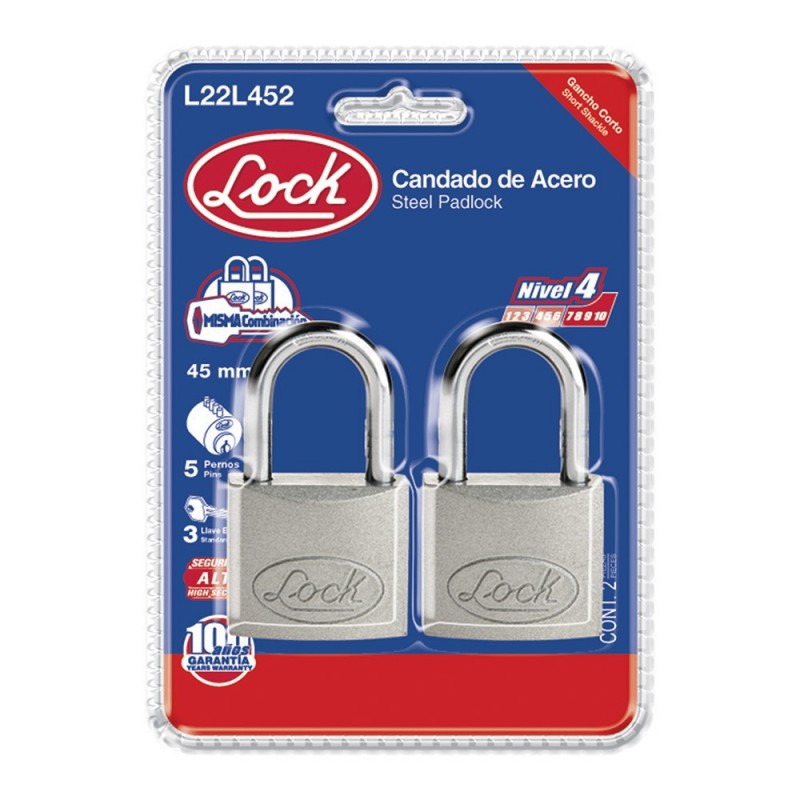 Candado de acero largollave estándar 2 piezas 45mm cromo satinado             L22L452  LOCK  