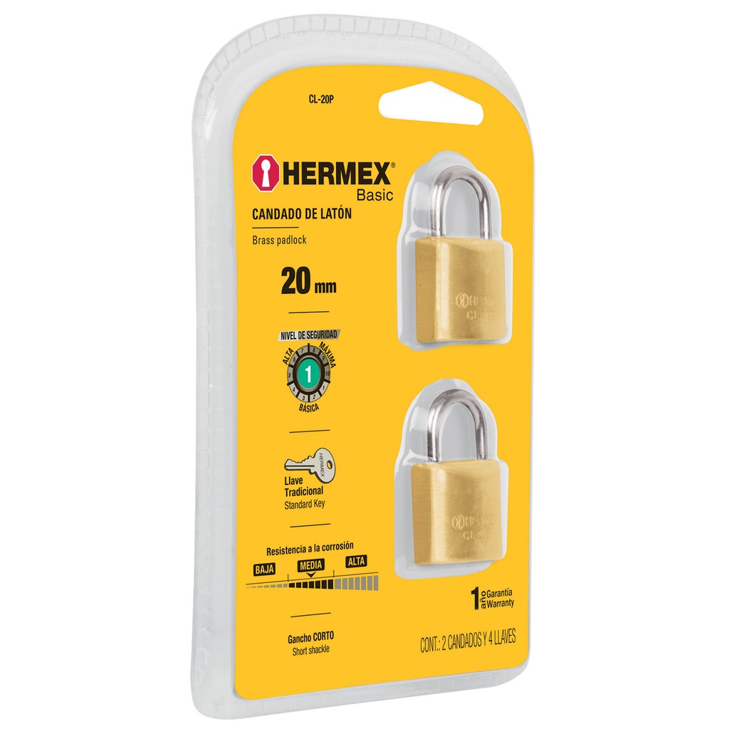 Candados de latÛn, 20mm, blister 2 piezas, Hermex Basic   23513  HERMEX 
