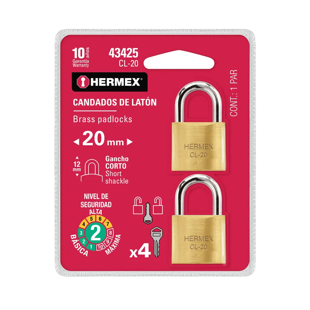 Candados de latÛn, 20mm, gancho corto, blister 2 piezas   43425  HERMEX 