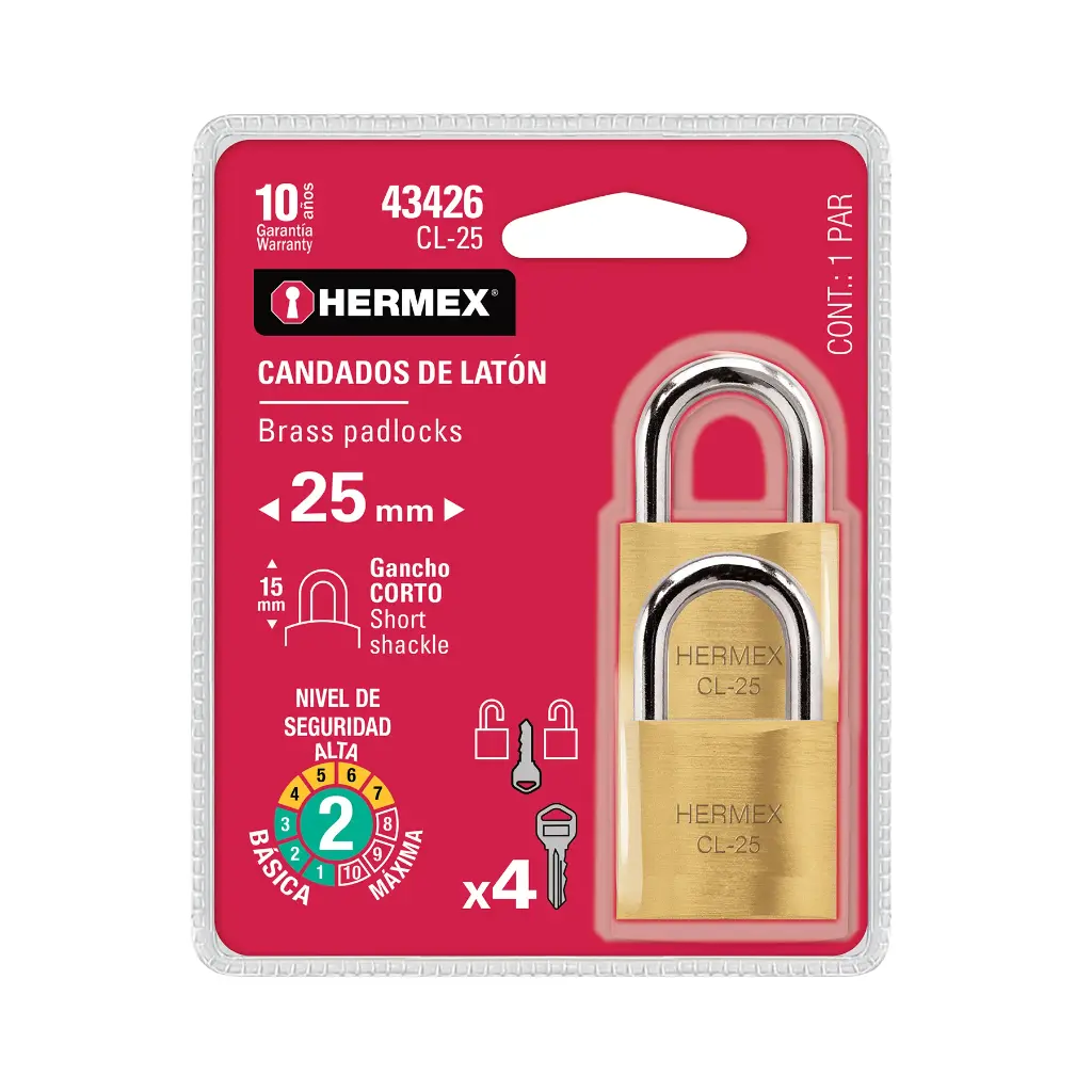Candados de latÛn, 25mm, gancho corto, blister 2 piezas   43425  HERMEX 
