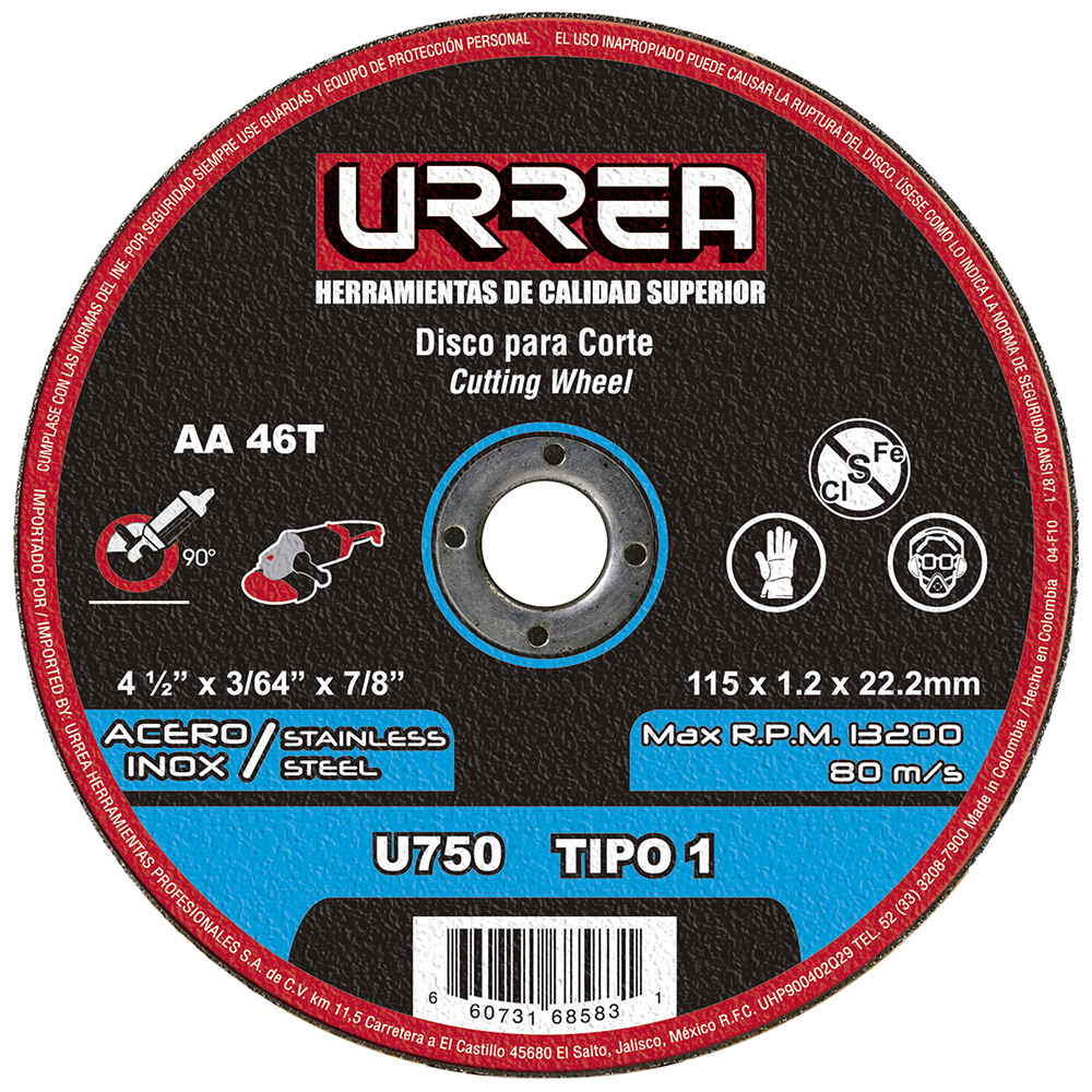 Disco abrasivo tipo 1 para acero inoxidable 4-1/2" x 3/64" uso mega pesado