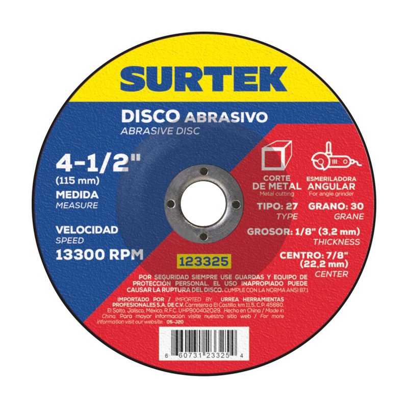 Disco abrasivo tipo 27 para corte de metal 4-1/2x1/8"