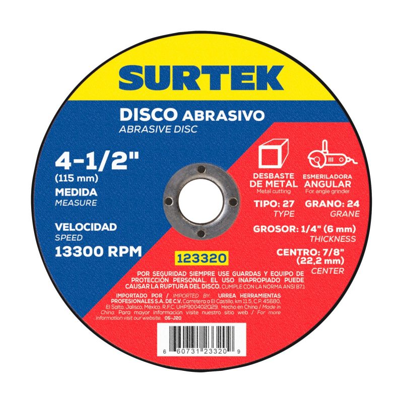 Disco abrasivo tipo 27 para desbaste ligero de metal 4-1/2x1/4"