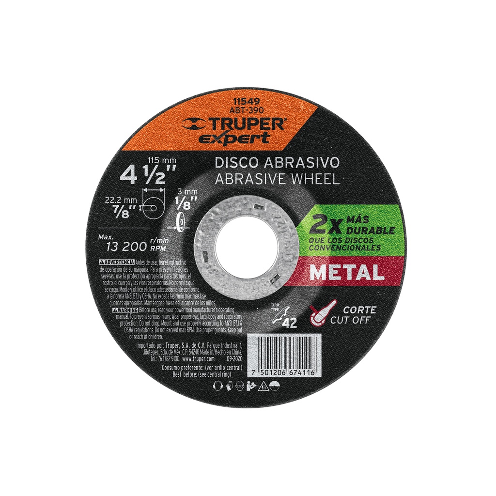 Disco corte metal, tipo42, di·metro 4-1/2', alto rendimiento