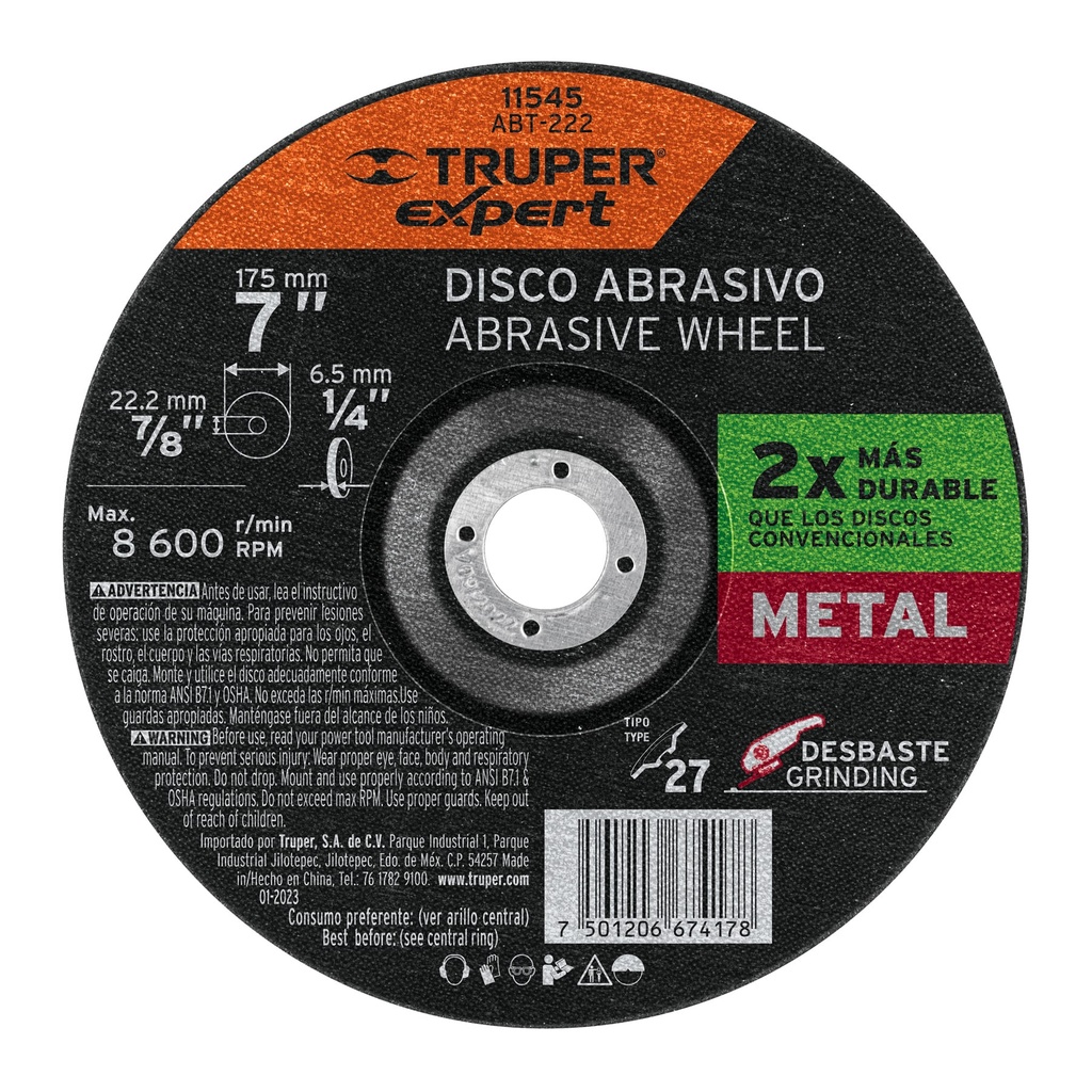 Disco desbaste metal, tipo27,di·metro 7',alto rendimiento