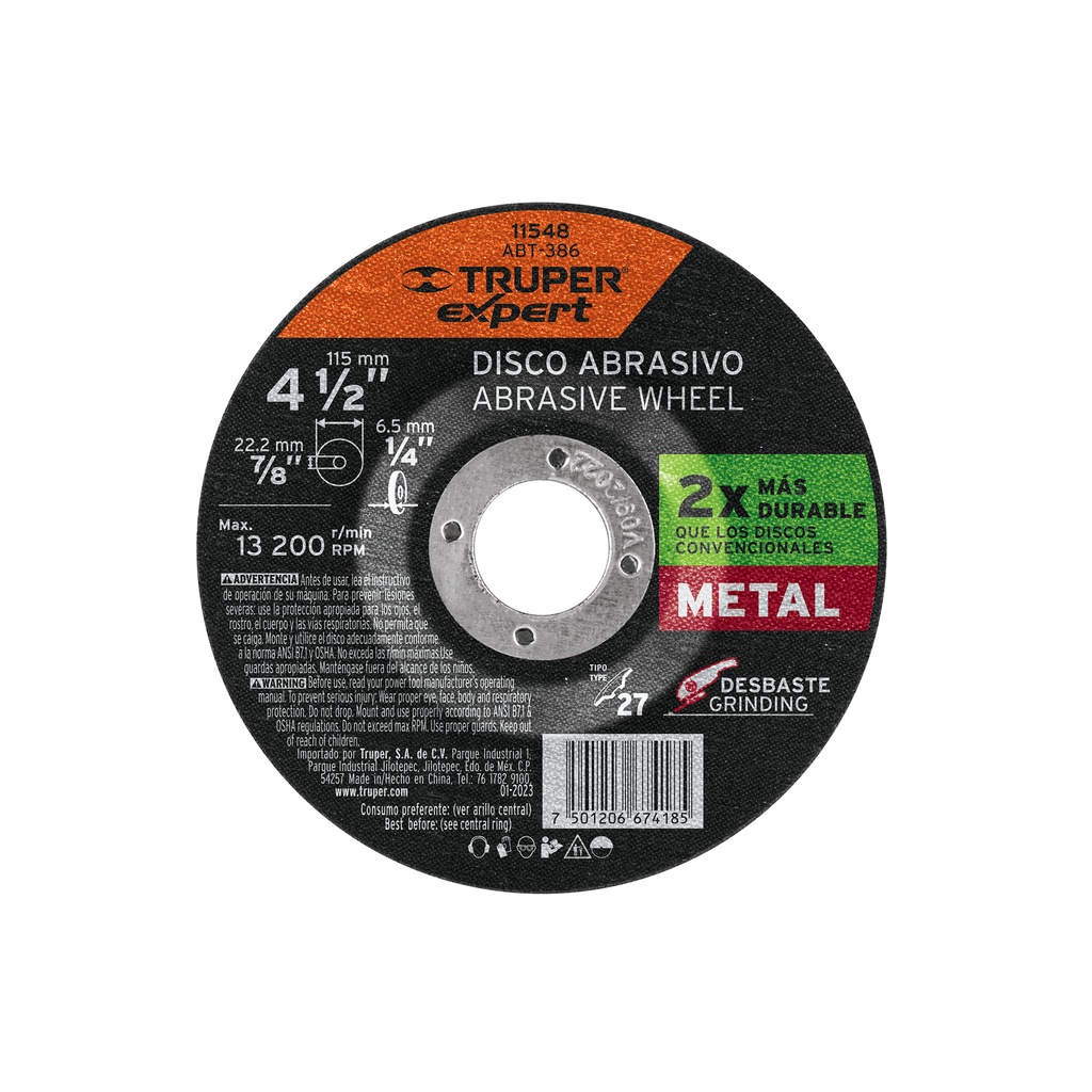Disco desbaste metal,tipo27,di·metro 4-1/2',alto rendimiento