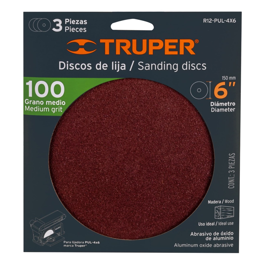 Disco grano 100 para lijadora PUL 4x6, funda con 3 pzas