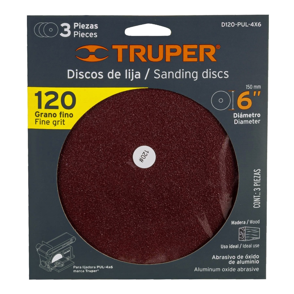 Disco grano 120 para lijadora PUL 4x6, funda con 3 pzas