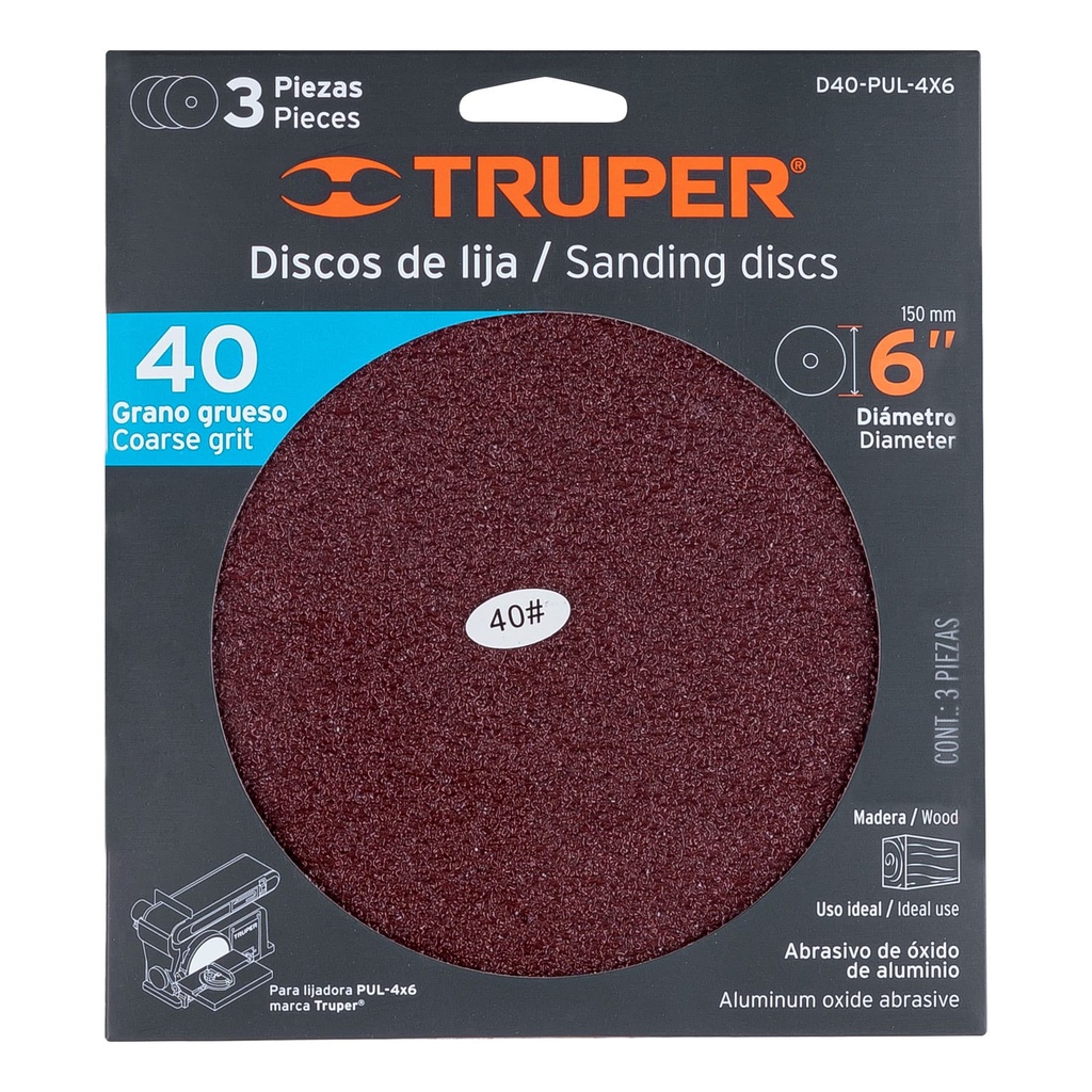 Disco grano 40 para lijadora PUL 4x6, funda con 3 pzas