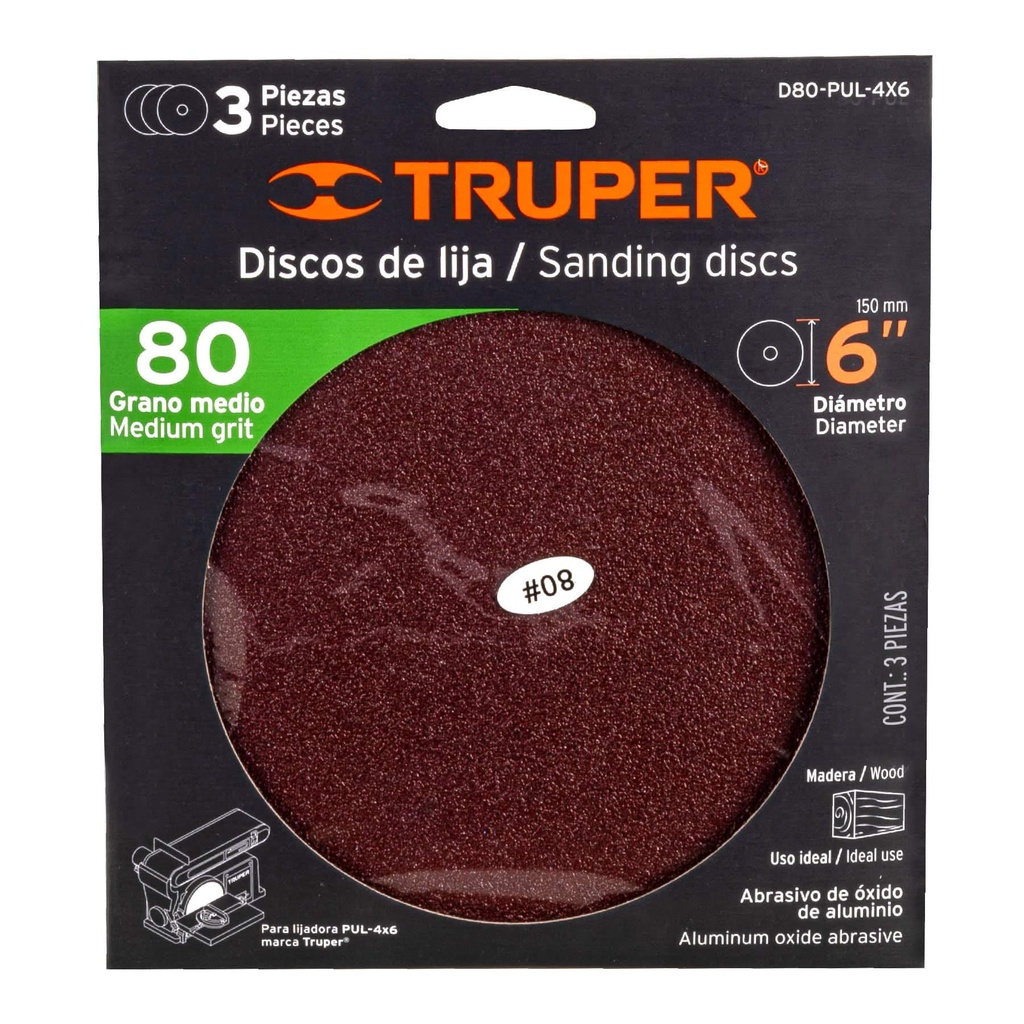 Disco grano 80 para lijadora PUL 4x6, funda con 3 pzas
