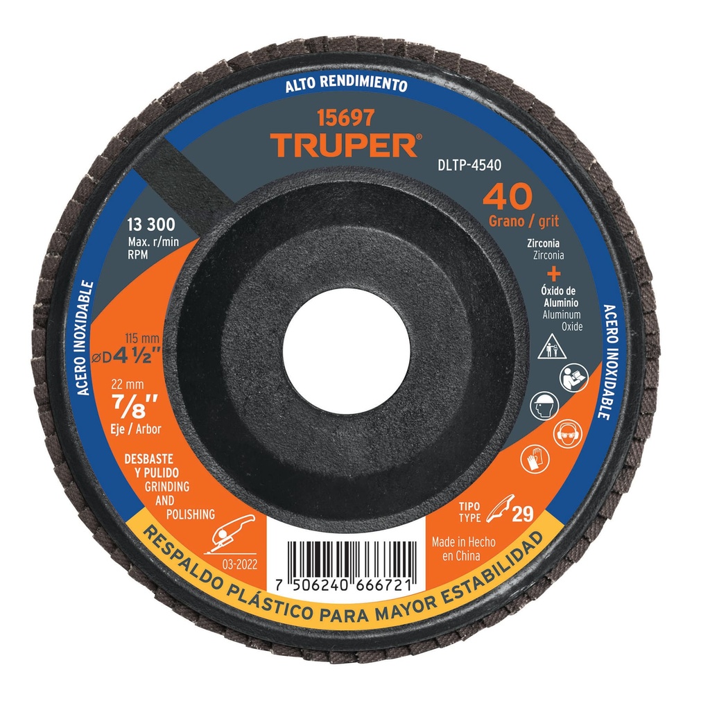 Disco laminado respaldo pl·stico 4-1/2',barreno 7/8'grano 40