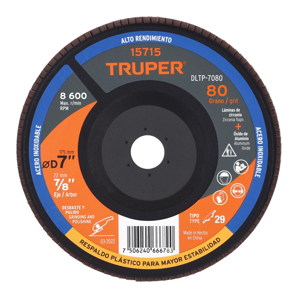 Disco laminado respaldo pl·stico 4-1/2',barreno 7/8'grano 80