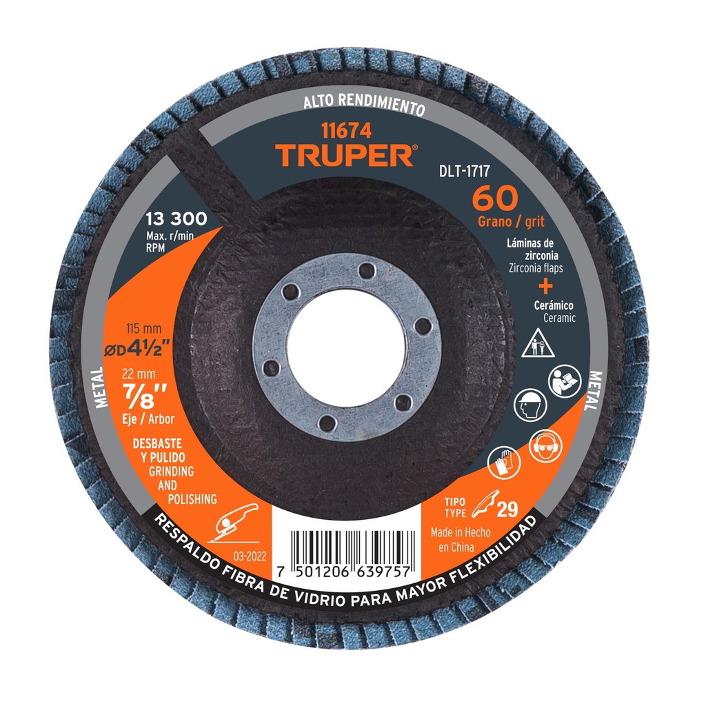 Disco laminado, 4-1/2', grano 60, centro 7/8'