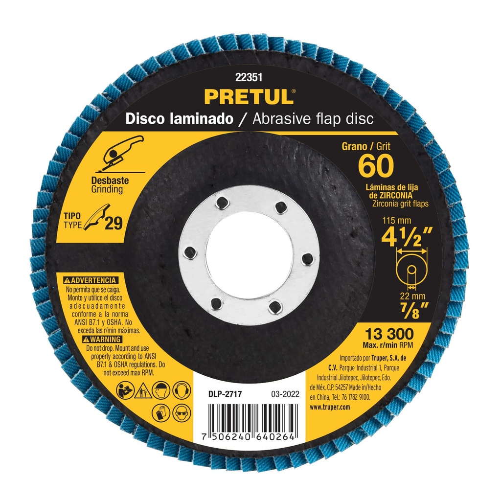 Disco laminado, 4-1/2', grano 60, centro 7/8', Pretul
