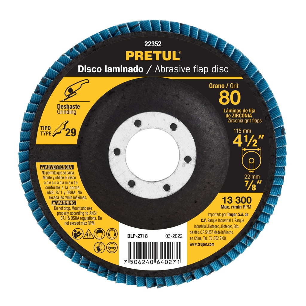 Disco laminado, 4-1/2', grano 80, centro 7/8', Pretul