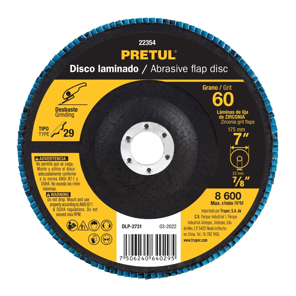 Disco laminado, 7', grano 60, centro 7/8', Pretul