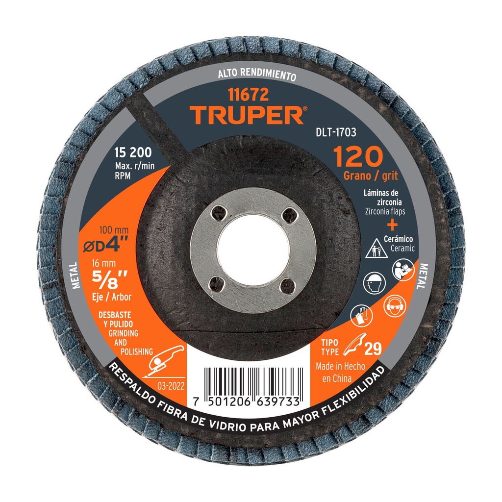 Disco laminado, tipo 29, di·metro 4', grano 120, centro 5/8'