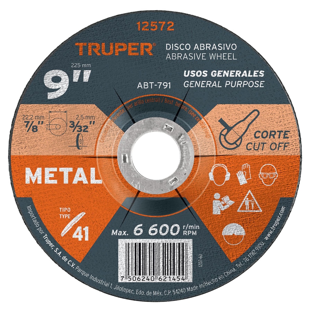 Disco p/corte de metal, tipo 41, di·metro 9', usos generales