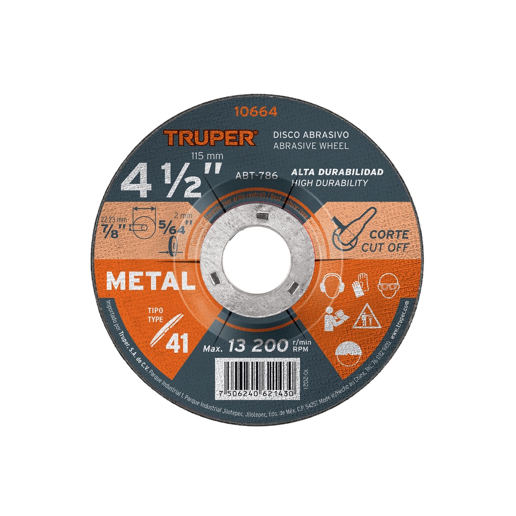 Disco para corte de metal, tipo 41, di·metro 4-1/2'