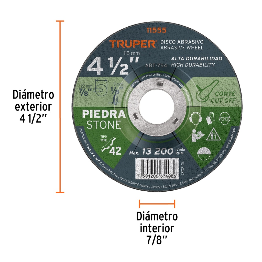 Disco para corte de piedra, tipo 42, di·metro 4-1/2'