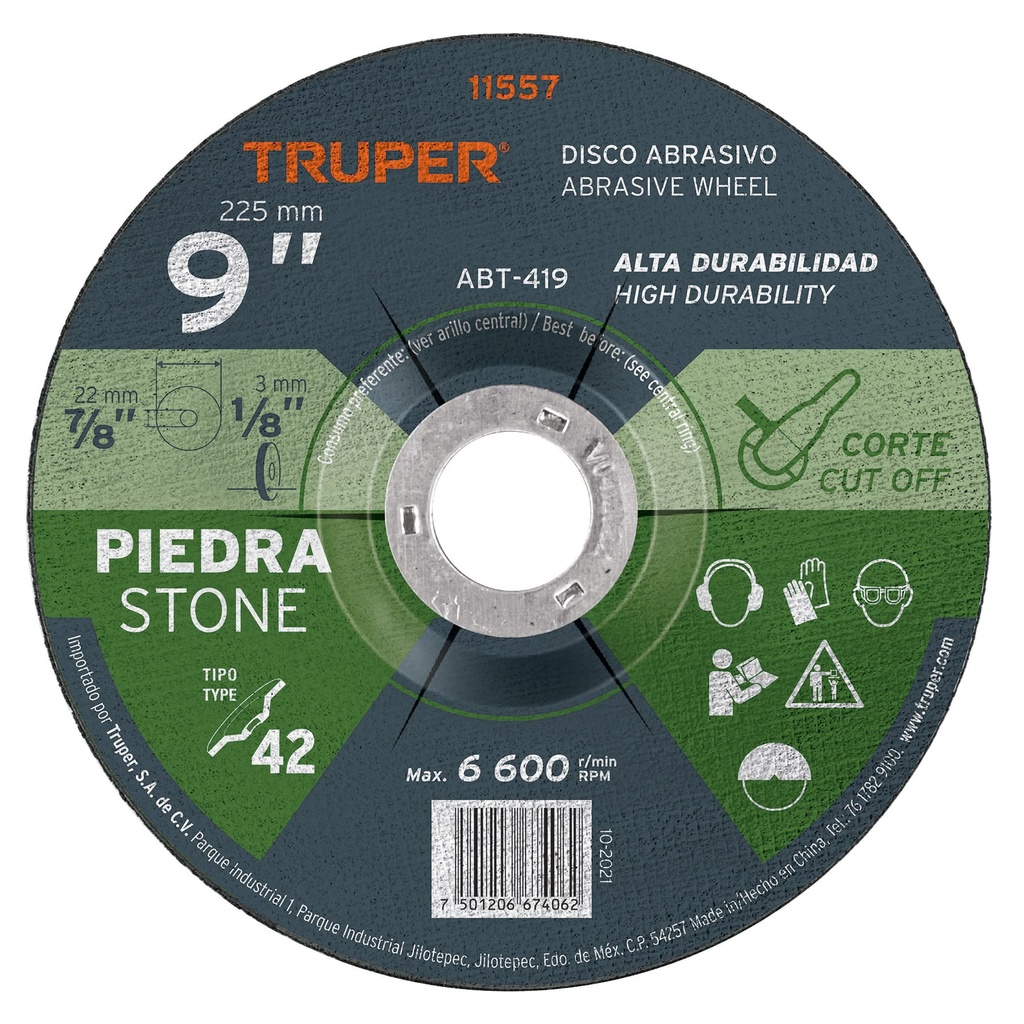 Disco para corte de piedra, tipo 42, di·metro 9'