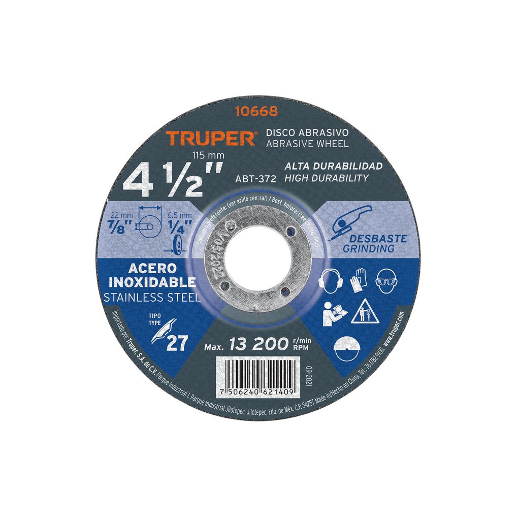 Disco para desbaste de acero inoxidable, tipo 27, 4-1/2'