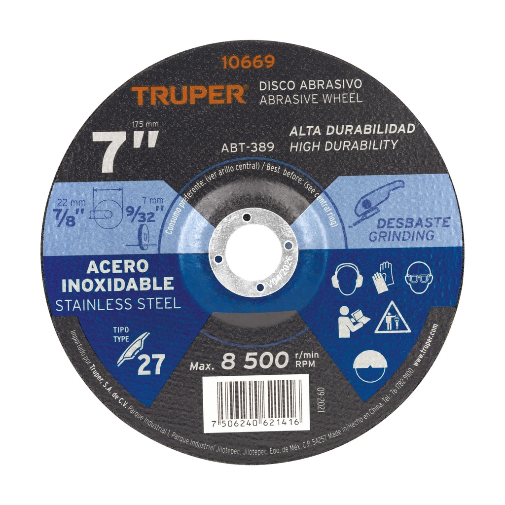 Disco para desbaste de acero inoxidable, tipo 27, 7'
