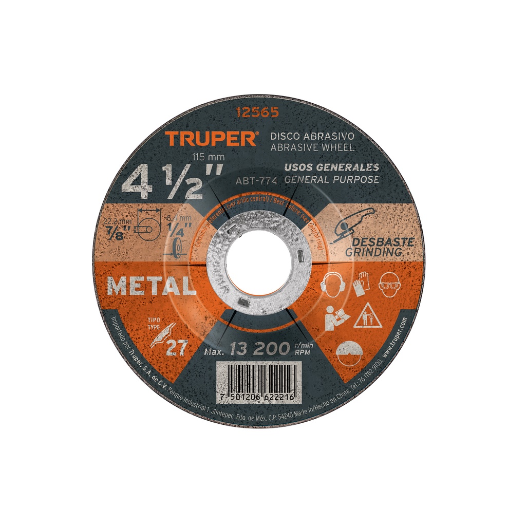 Disco para desbaste de metal, tipo 27, di·metro 4-1/2'