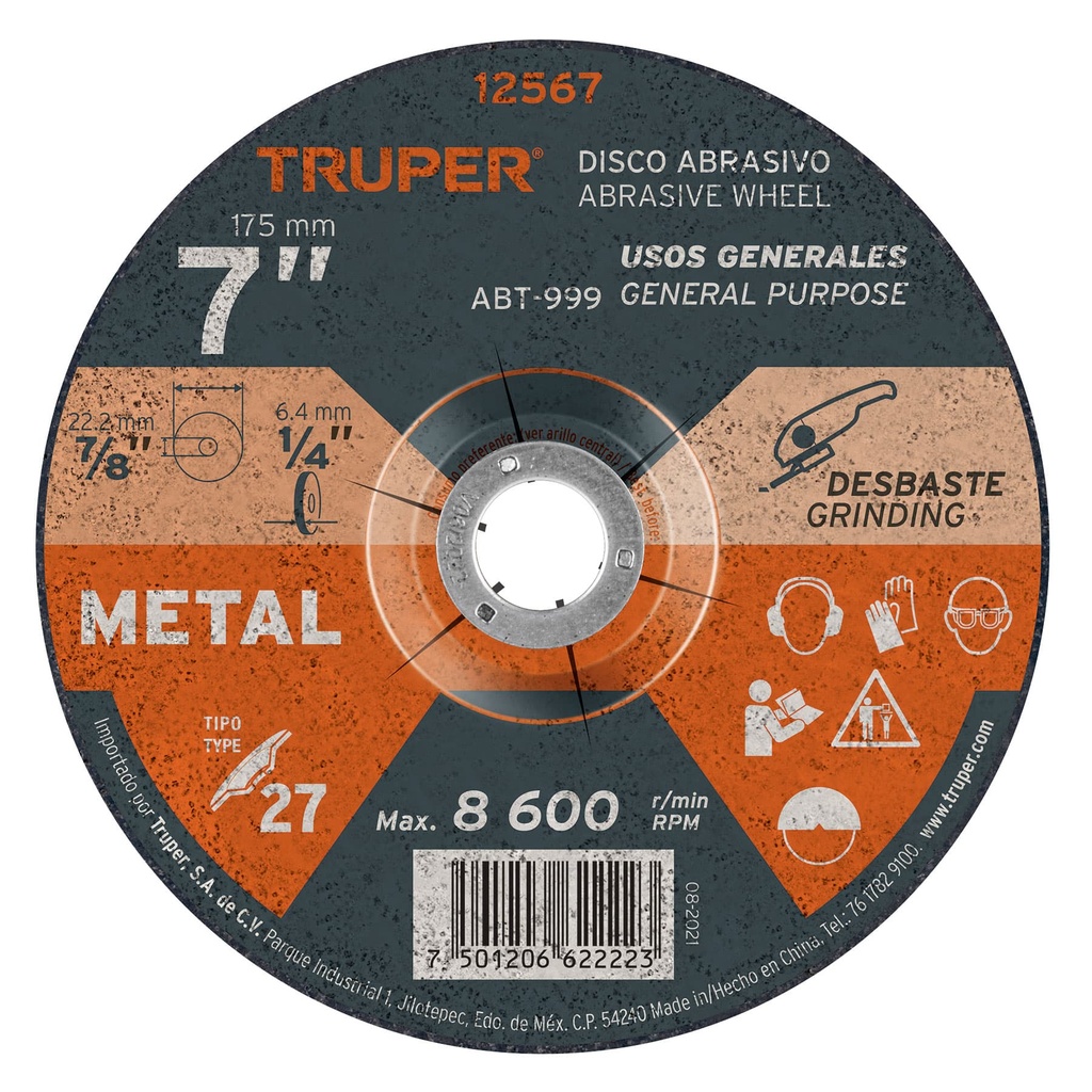 Disco para desbaste de metal, tipo 27, di·metro 7', 1/4'