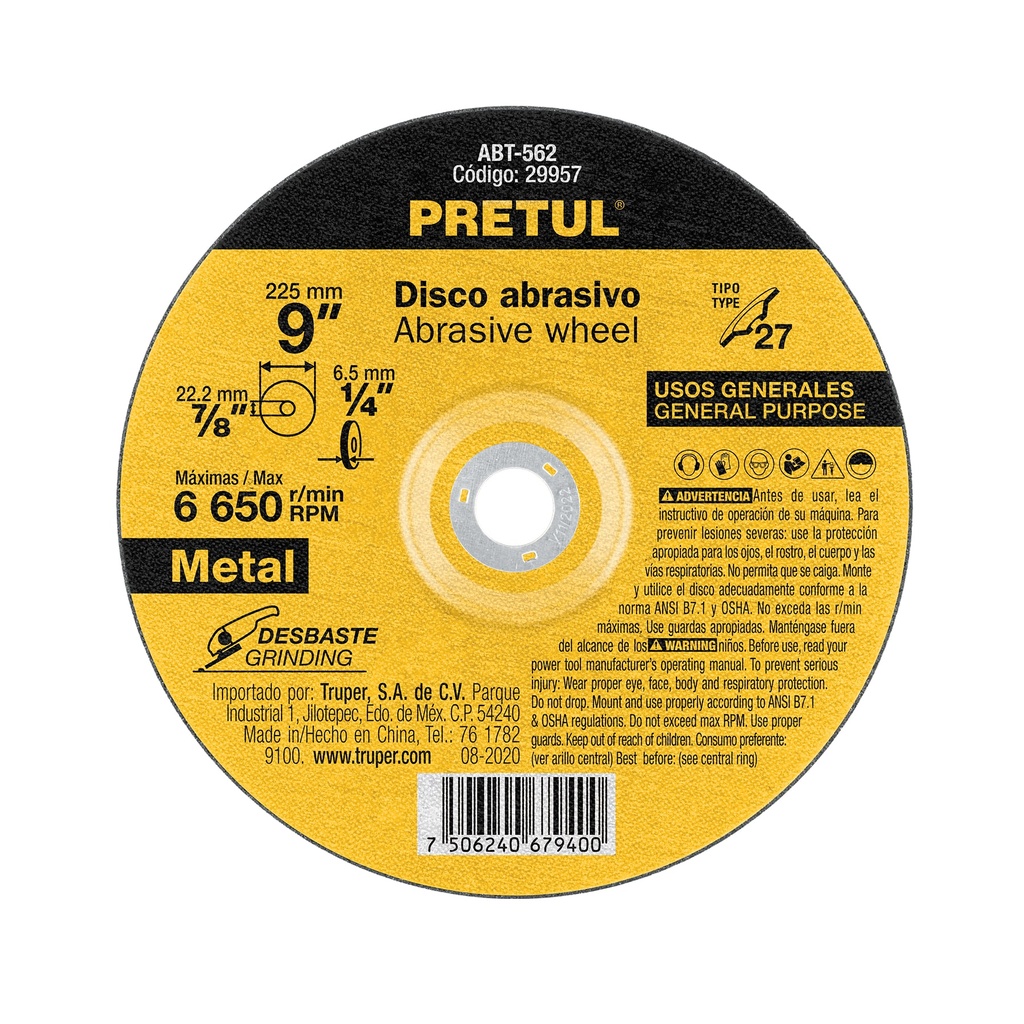 Disco para desbaste de metal, tipo 27, di·metro 9', Pretul