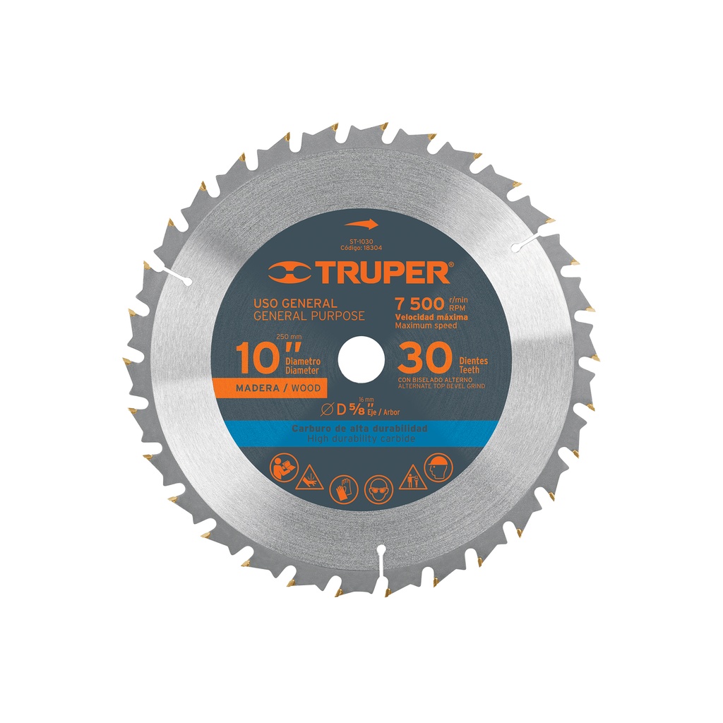 Disco sierra p/madera 10', 30 dientes, centro 5/8'
